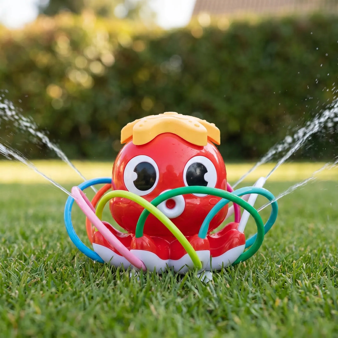 Colorful cartoon octopus sprinkler, an exciting outdoor water toy for kids' backyard play & family summer fun.