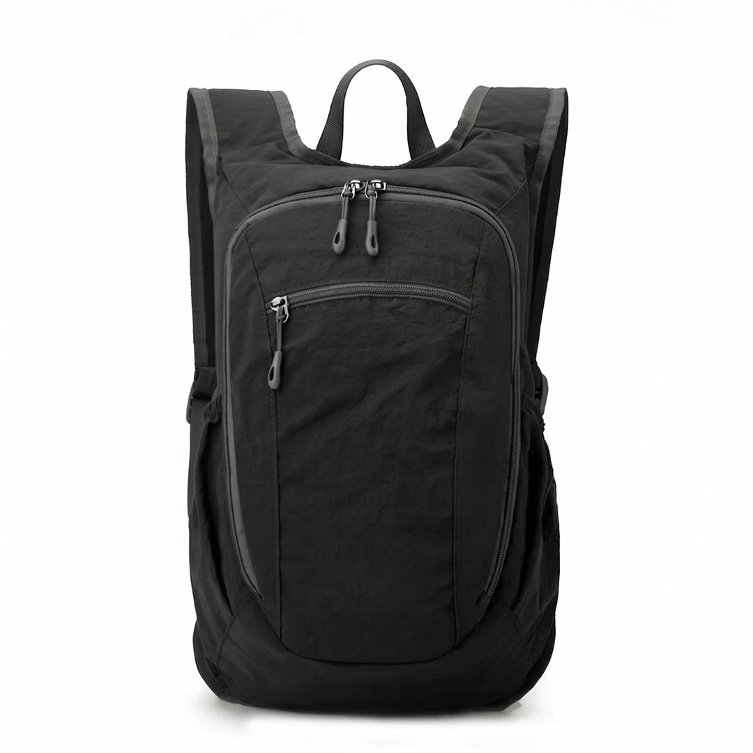 Organization features of a lightweight oxford cloth travel backpack, inner view.