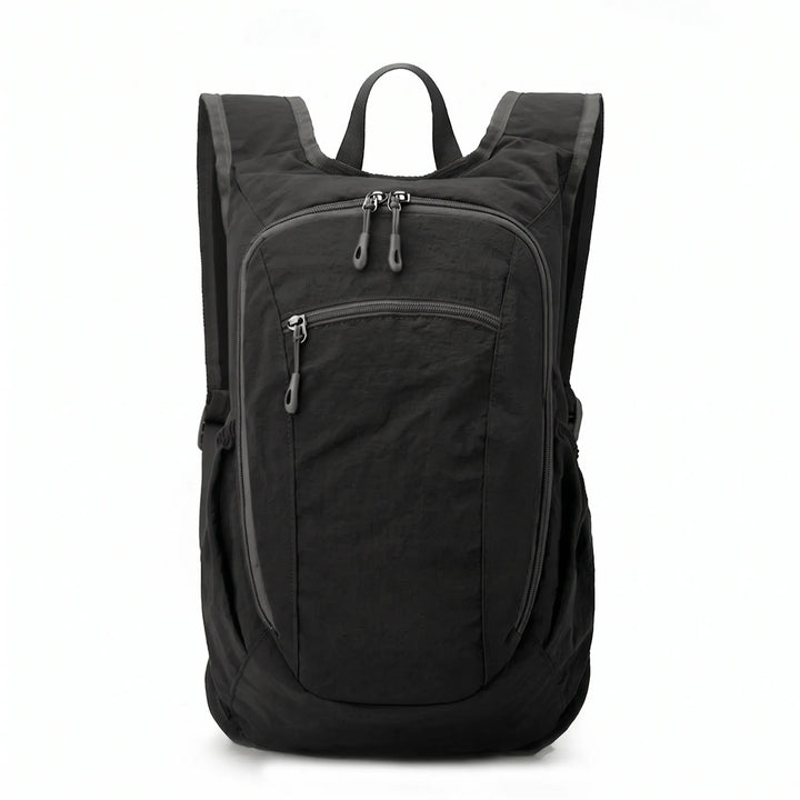 Organization features of a lightweight oxford cloth travel backpack, inner view.