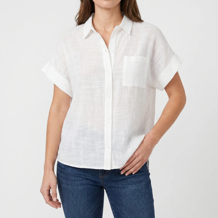 Stylish women's casual button-down top with short sleeves. Ideal for summer fashion & versatile layering.
