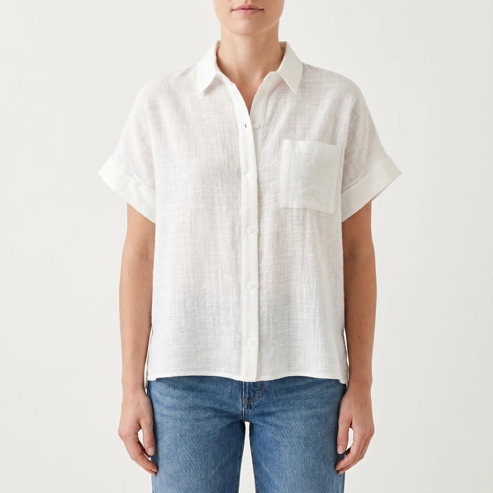 Light & comfortable women's short sleeve button-down shirt. Versatile for casual summer fashion.