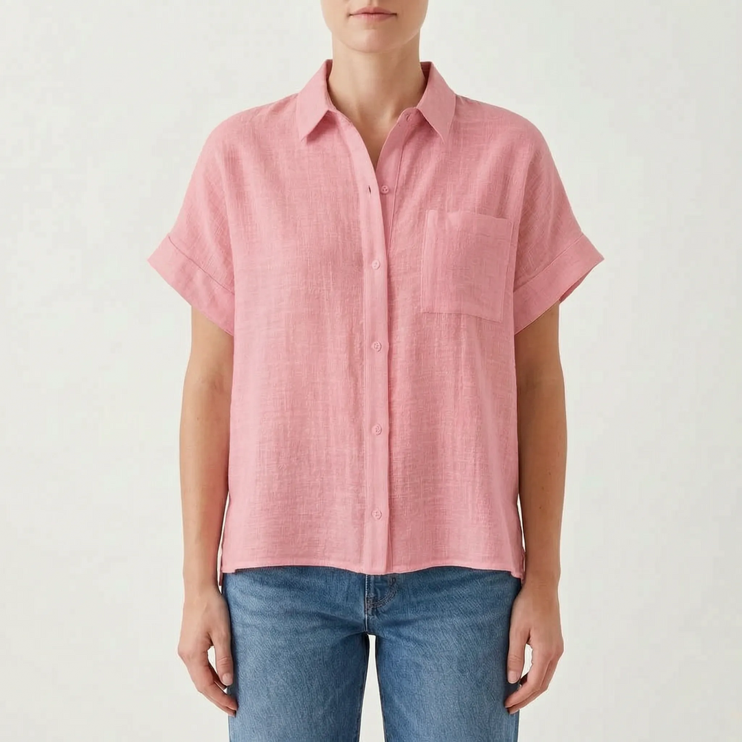 Comfortable women's casual short sleeve button-down shirt, a relaxed fit top for everyday summer style.