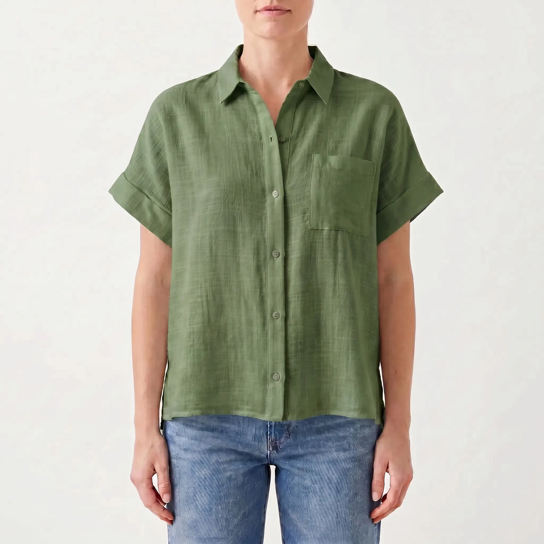 Women's short sleeve button-down shirt, a perfect relaxed fit top for everyday summer fashion & casual comfort.