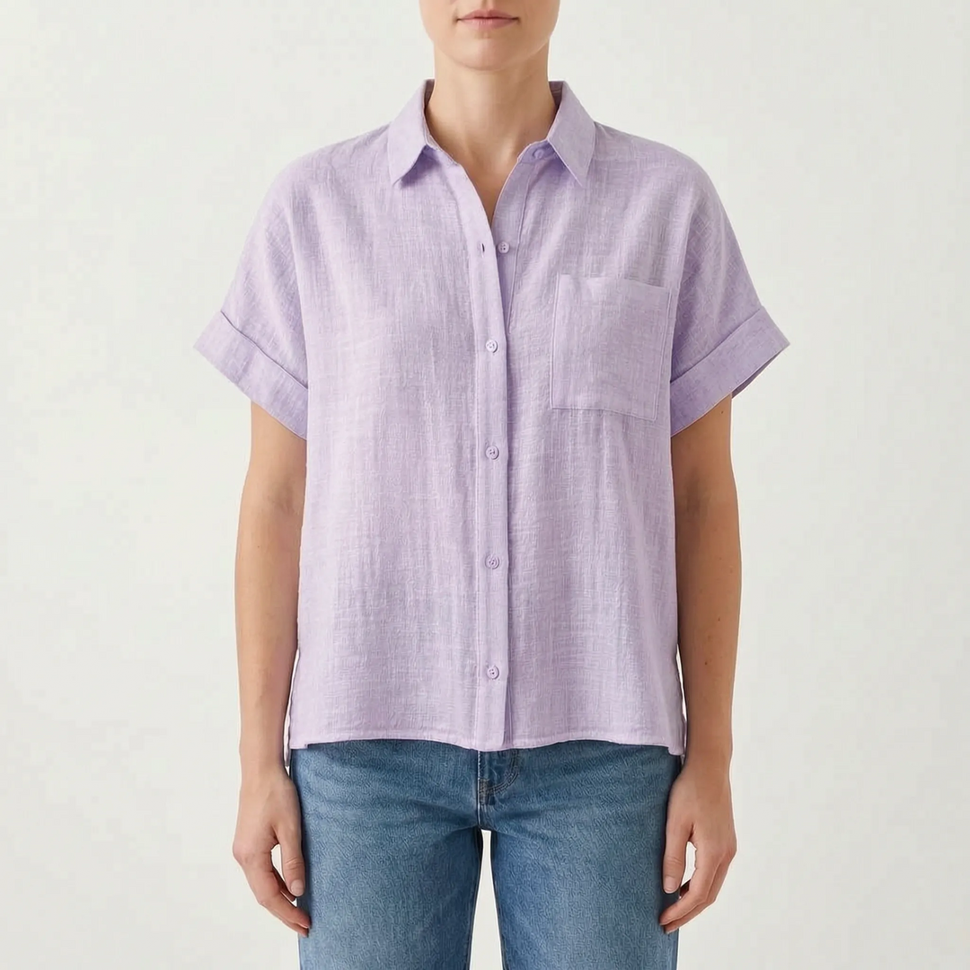 Versatile women's short sleeve button-down shirt, a light layer and comfortable casual top for everyday style.