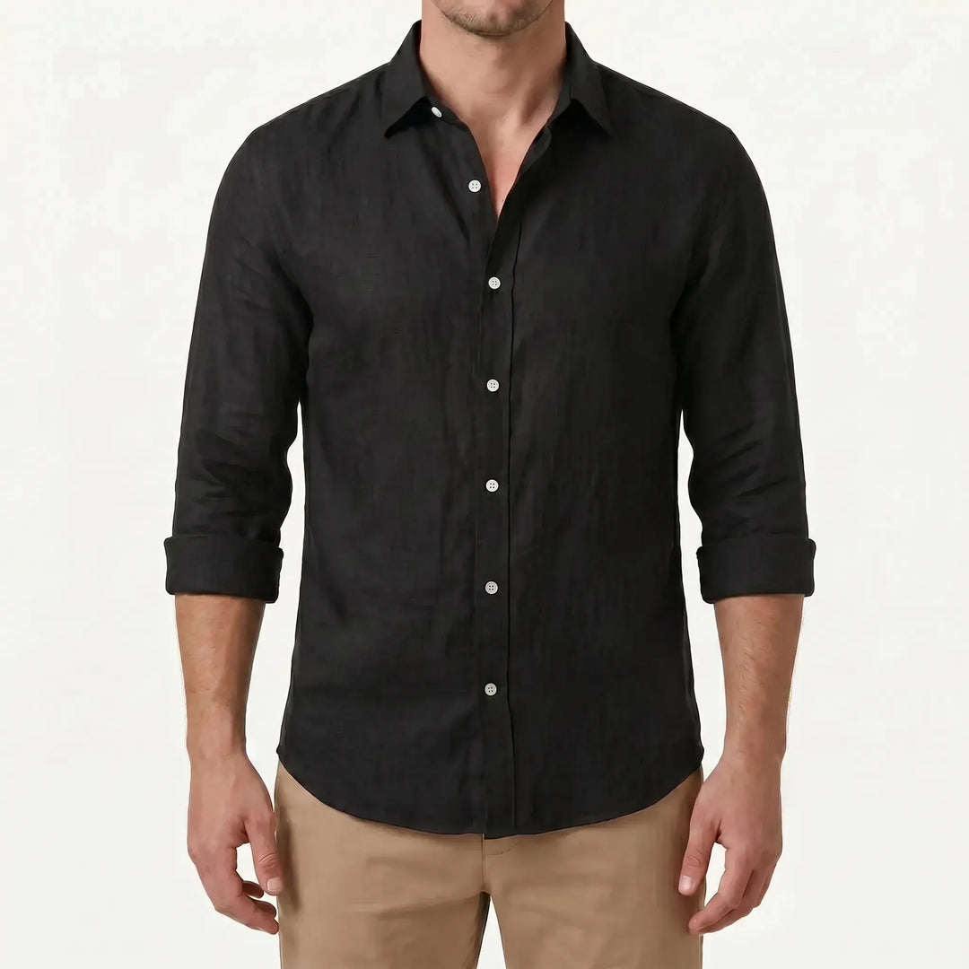 Relaxed fit men's button-up top, long sleeve, casual style with turn-down collar, for modern men's apparel.