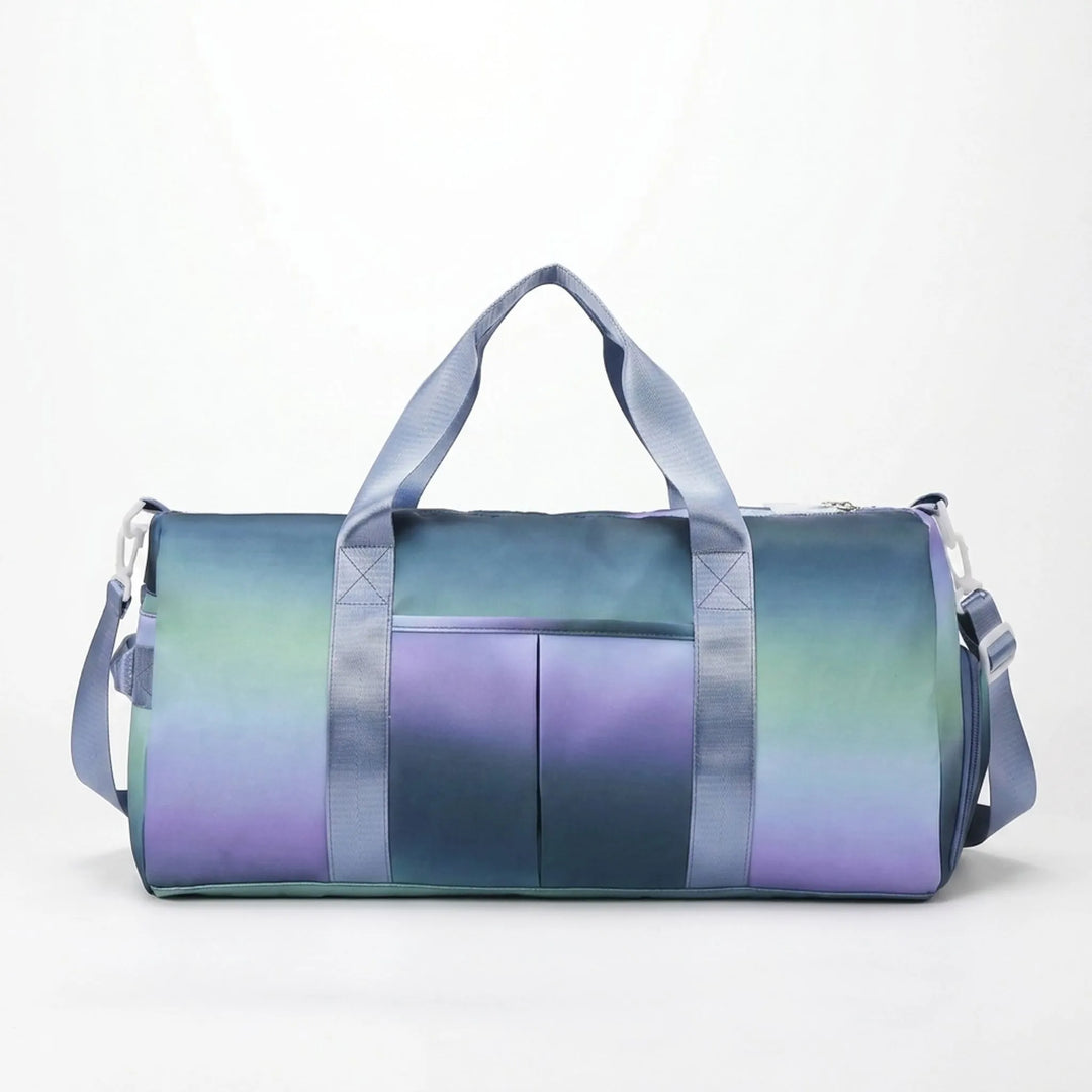 Large capacity duffel bag for gym & travel, equipped with a separate shoe compartment and easy access pockets.