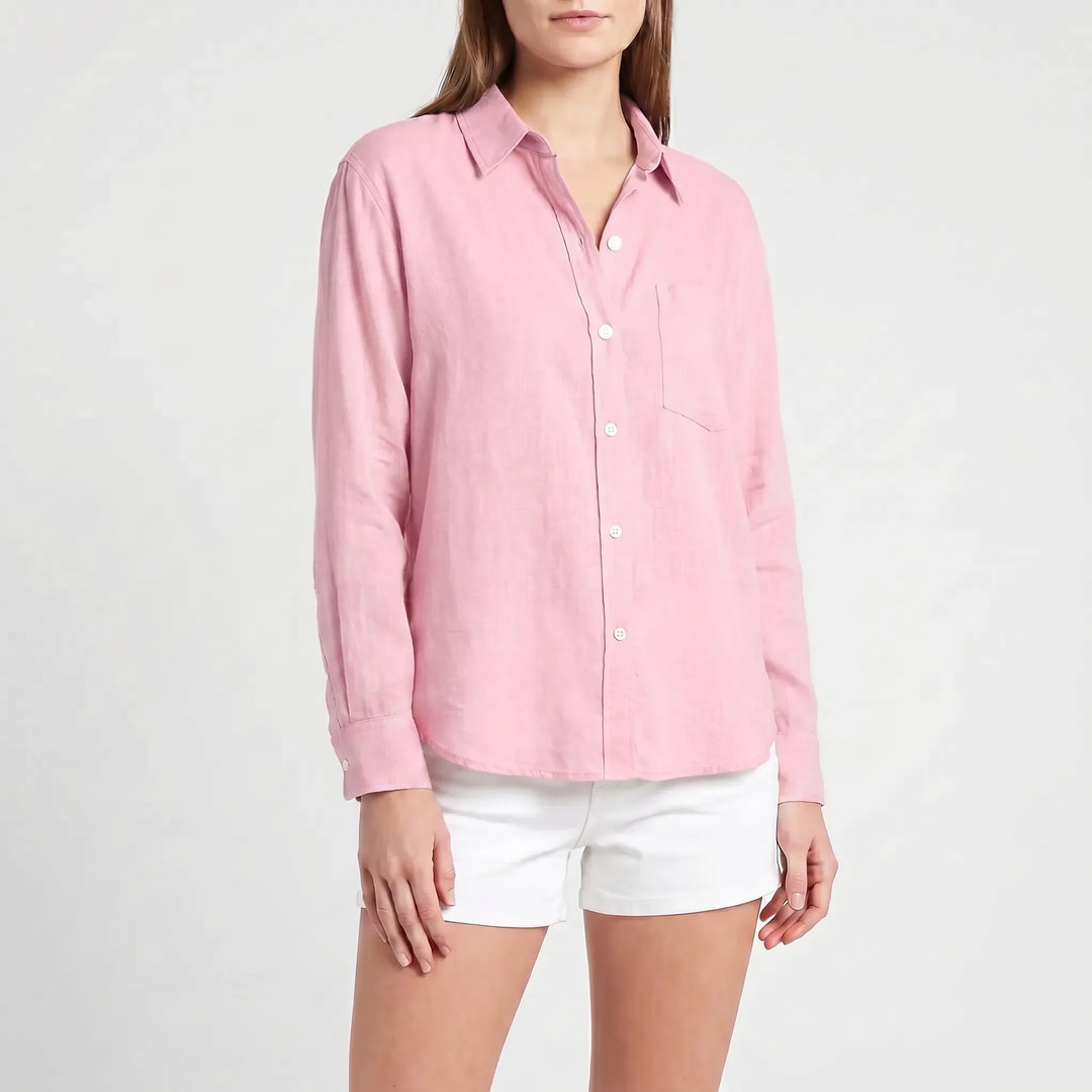 Relaxed fit women's collared long-sleeve button-up blouse, a comfortable everyday top.