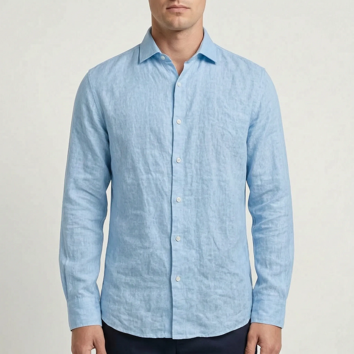 Comfortable men's relaxed long-sleeve shirt, button-up design, perfect travel shirt for warm, sunny days.