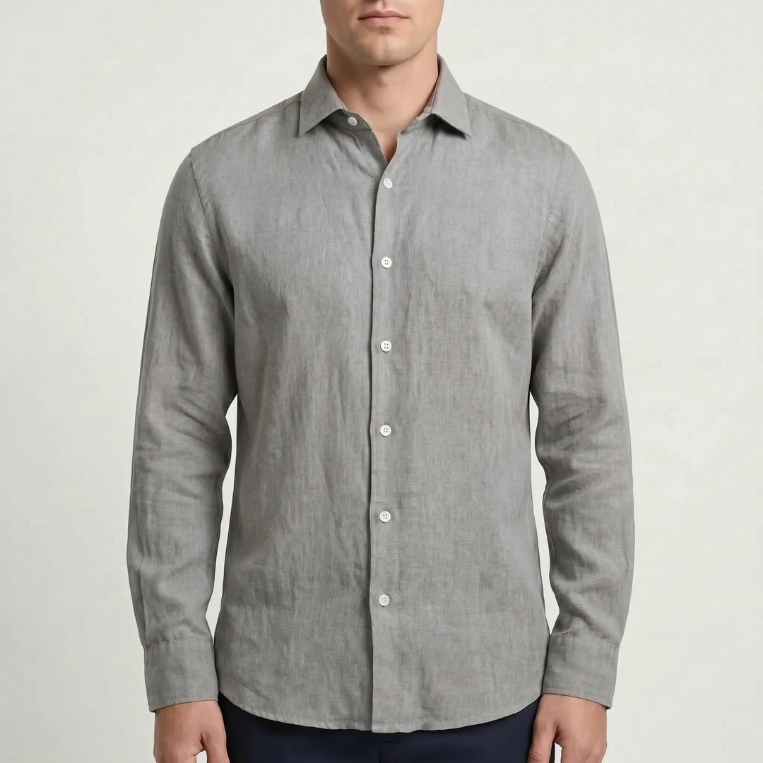 Men's relaxed fit long-sleeve button-up shirt, a solid color staple for summer, travel & casual wear.