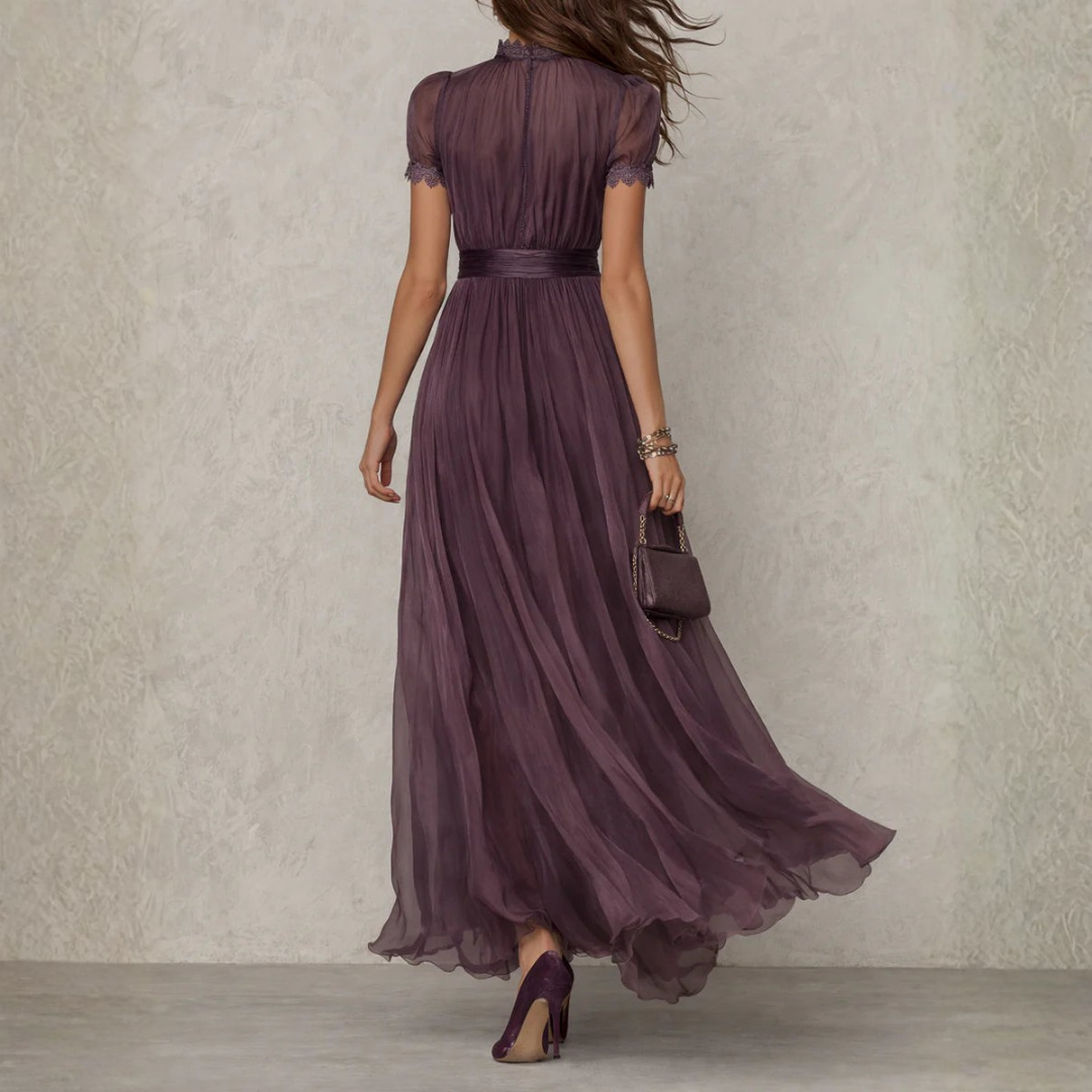 Women's formal lace trim maxi dress, an elegant evening gown for weddings, galas, or special parties.
