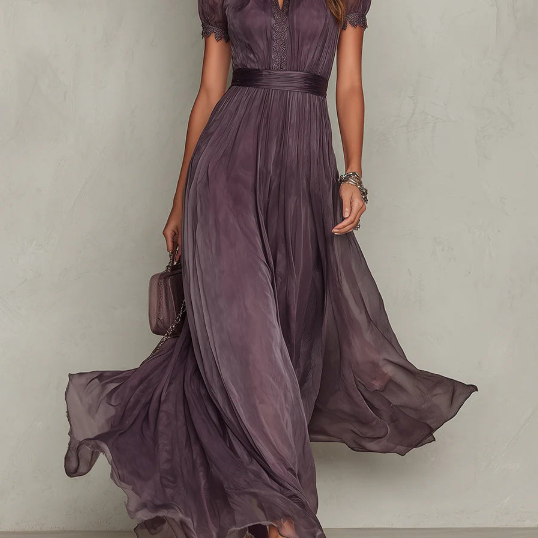 Elegant women's purple lace trim maxi dress, a stylish formal gown for evening wear & special events.