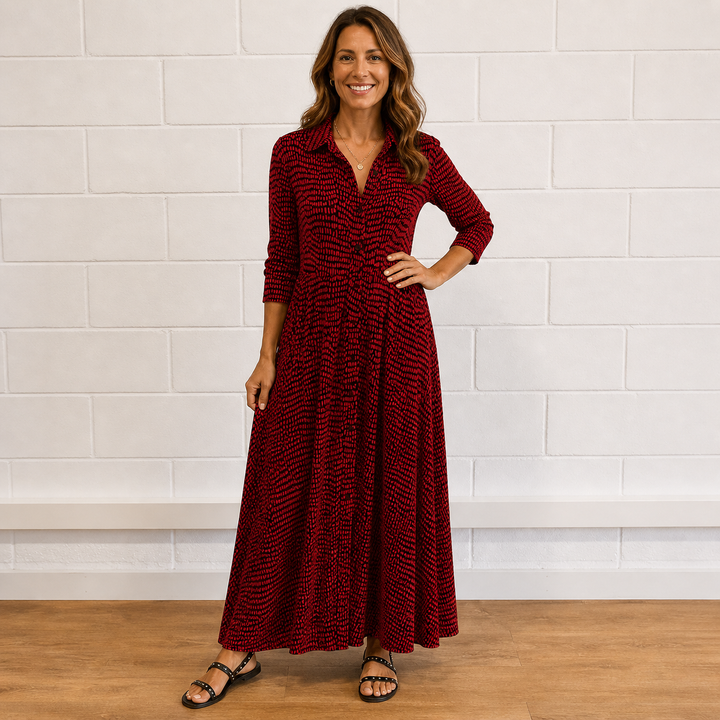 Stylish women's printed maxi dress, button-front with long sleeves. Perfect for everyday style, summer, or vacation.