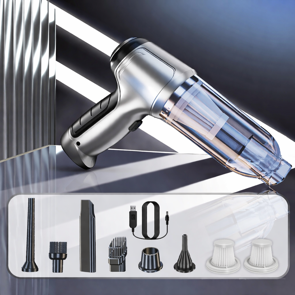 Portable cordless car vacuum with powerful suction for quick auto detailing and home cleanups.