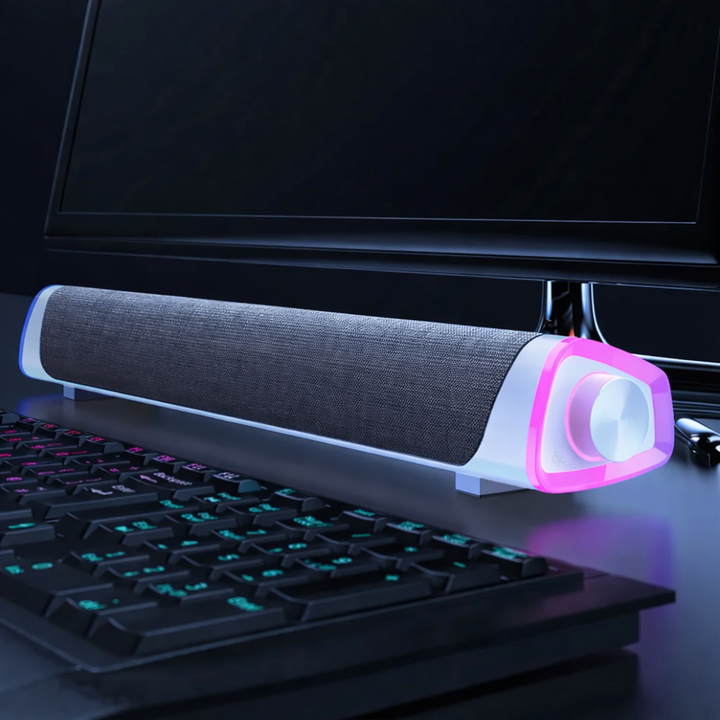 Tavvitaimp18 universal Bluetooth speaker bar: compact design, enhanced stereo sound, deep bass for desktop use.