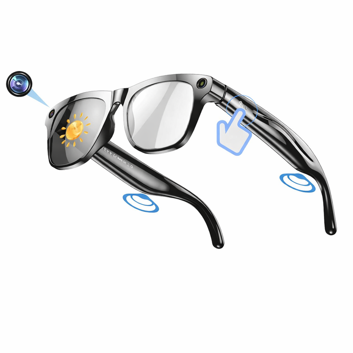 Multi-functional smart glasses with camera, Bluetooth audio, voice control & photochromic lenses. Unisex design.