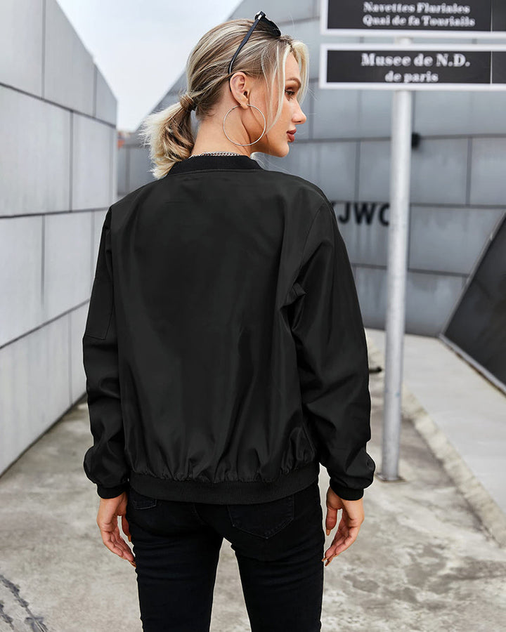 New women's classic zip-up bomber jacket for ultimate comfort & effortless style, ideal casual spring outerwear.