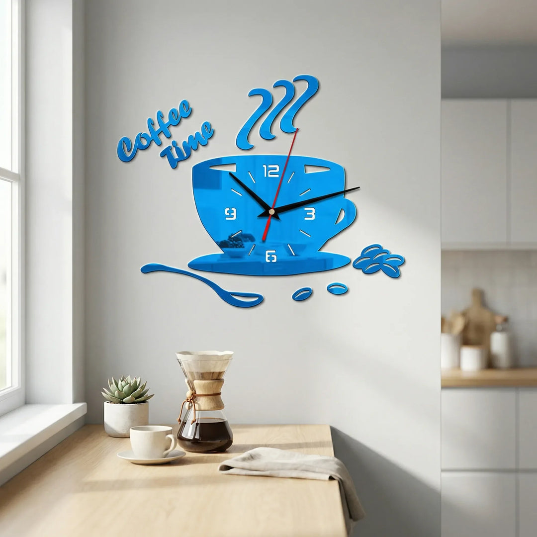 Decorative coffee cup wall clock, perfect for kitchen decor & coffee lovers. Unique cafe style home accent.