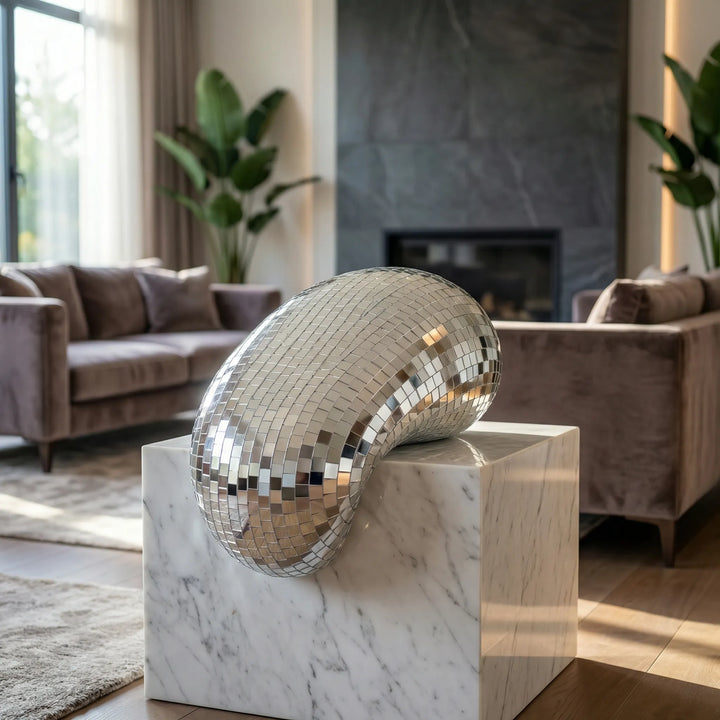 LustraCurl contemporary tabletop sculpture; dynamic, reflective light art for modern home decor, pop art style.