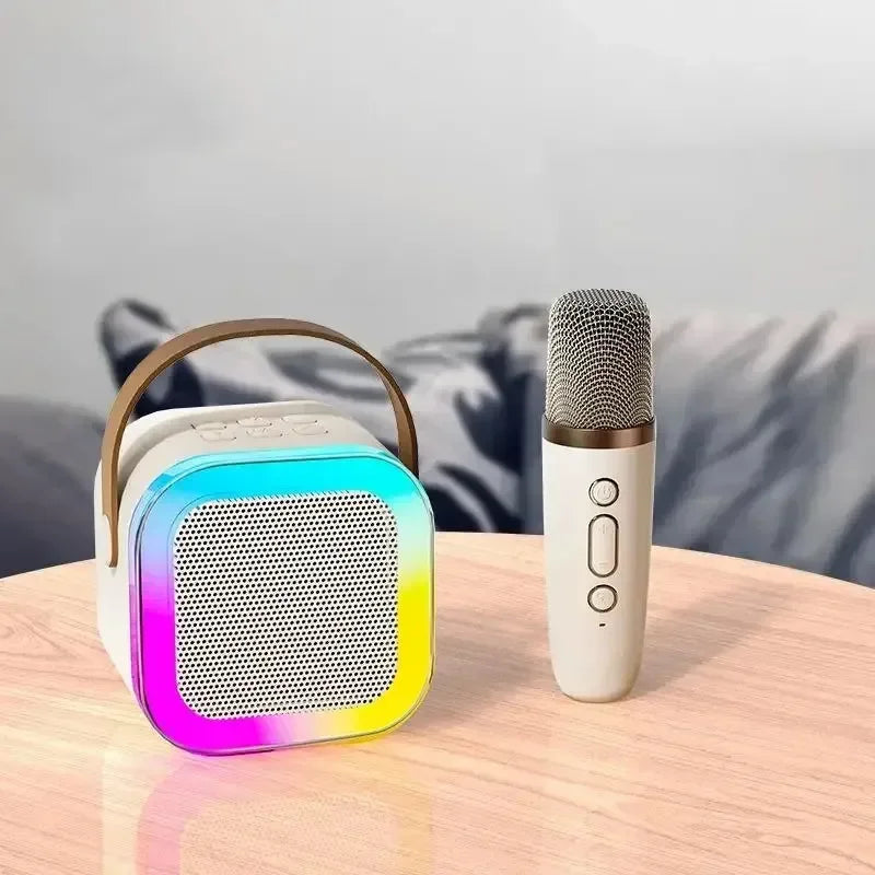 Easy-to-use wireless karaoke machine. Features dual mics, dynamic LED lights, & a portable Bluetooth speaker for family.