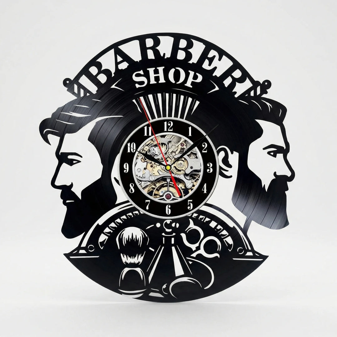 Unique vintage-style barber shop wall clock, a retro black & white timepiece for elegant salon and professional shop decor.