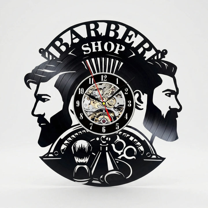 Unique vintage-style barber shop wall clock, a retro black & white timepiece for elegant salon and professional shop decor.
