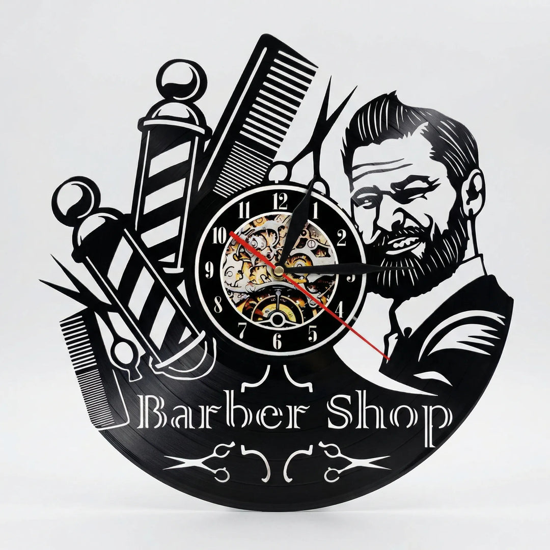 Black and white retro barber shop wall clock with unique vintage design, a statement timepiece for salon & shop decor.