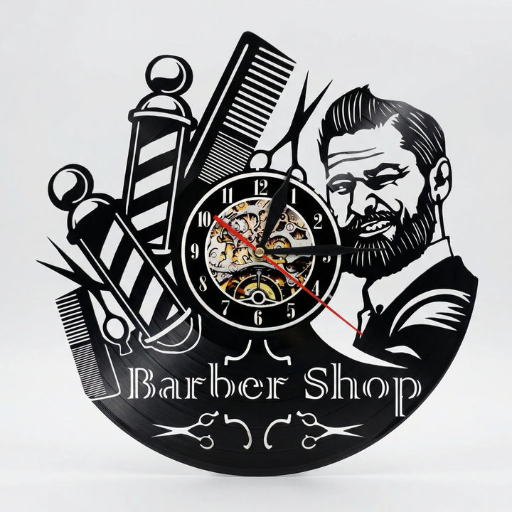 Black and white retro barber shop wall clock with unique vintage design, a statement timepiece for salon & shop decor.