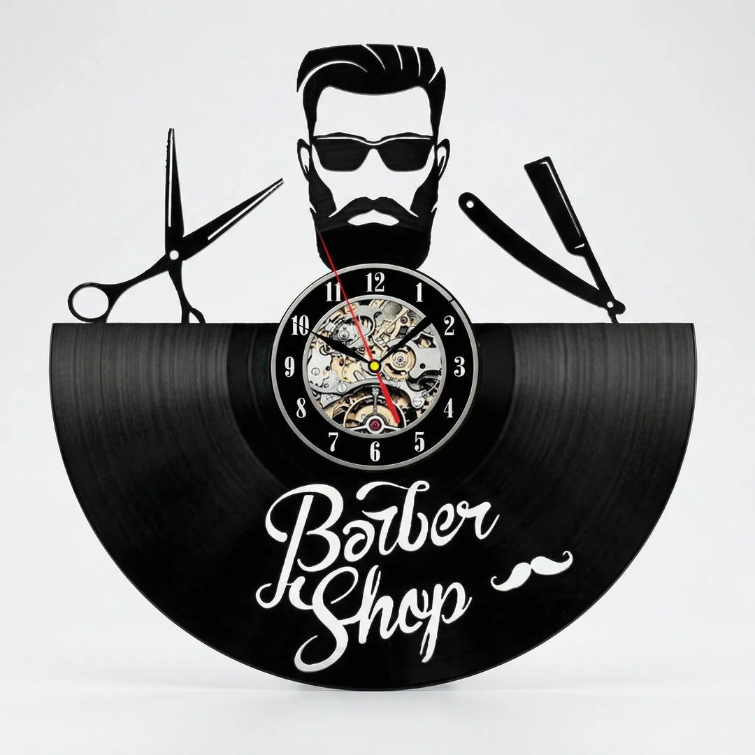 Functional retro barber shop wall clock, a stylish black & white timepiece enhancing vintage salon & professional shop decor.