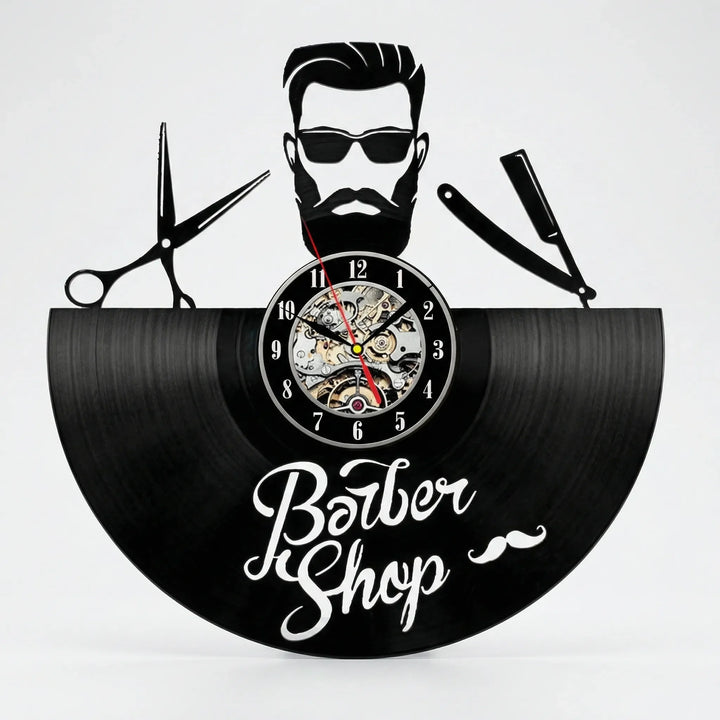 Functional retro barber shop wall clock, a stylish black & white timepiece enhancing vintage salon & professional shop decor.