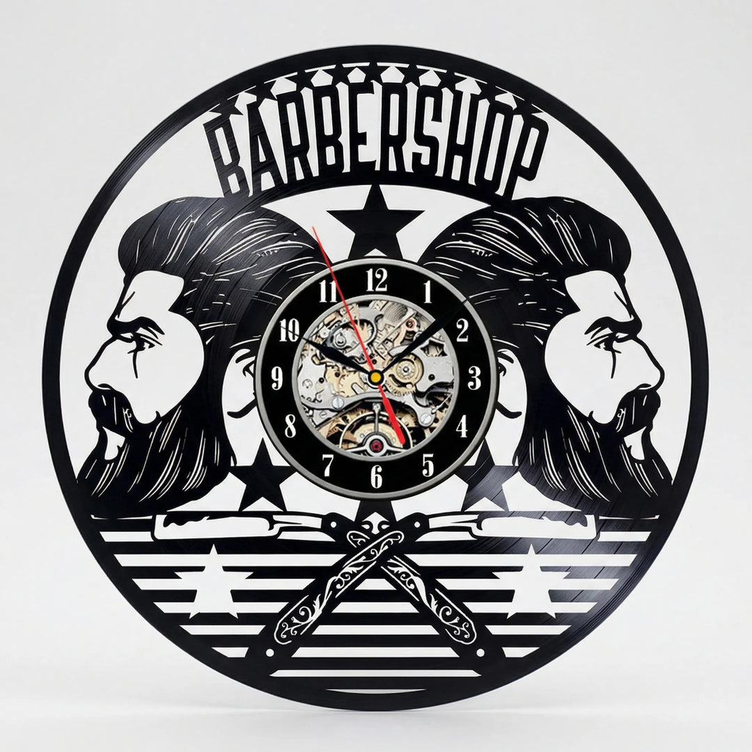 Classic black & white barber shop wall clock, retro vintage style timepiece, perfect for professional salon decor.