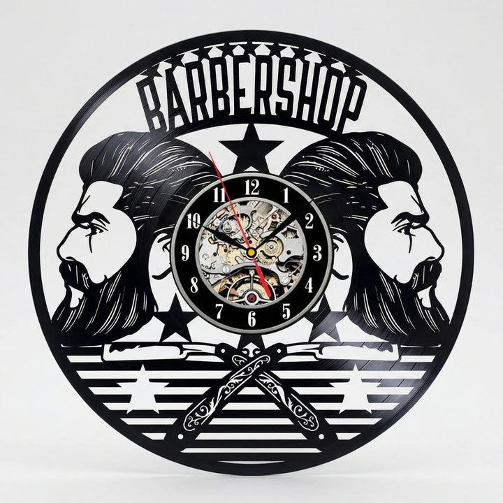 Classic black & white barber shop wall clock, retro vintage style timepiece, perfect for professional salon decor.
