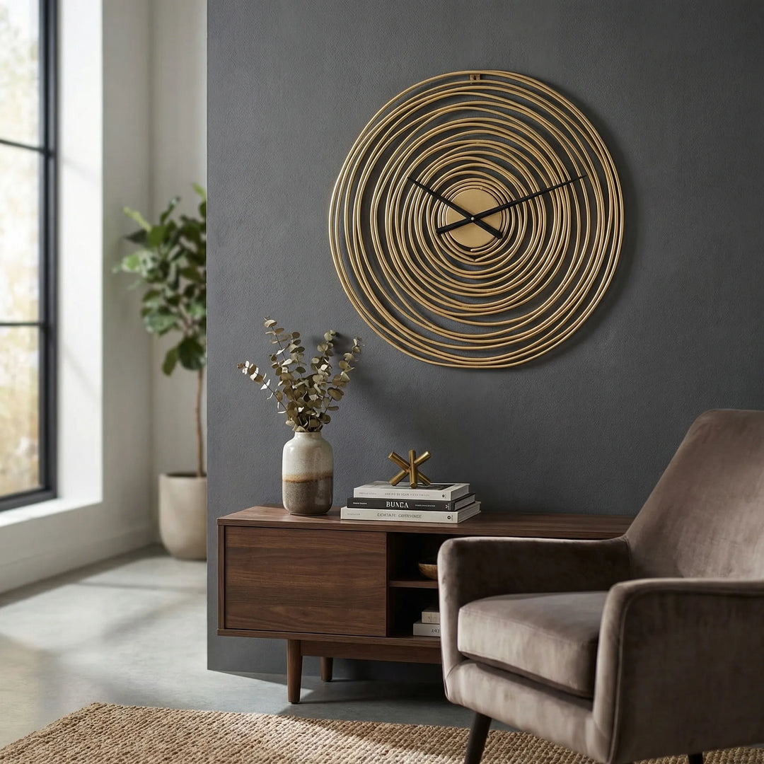 Elegant round wall clock, perfect for modern home decor in living room or office. Stylish decorative time piece.