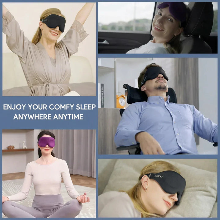 Adjustable unisex travel sleep eye mask with 3D contouring & memory foam for complete light blocking & relaxation.