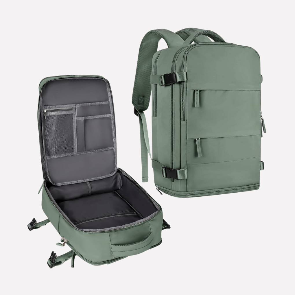 Spacious travel backpack for extended trips, designed for organized packing.