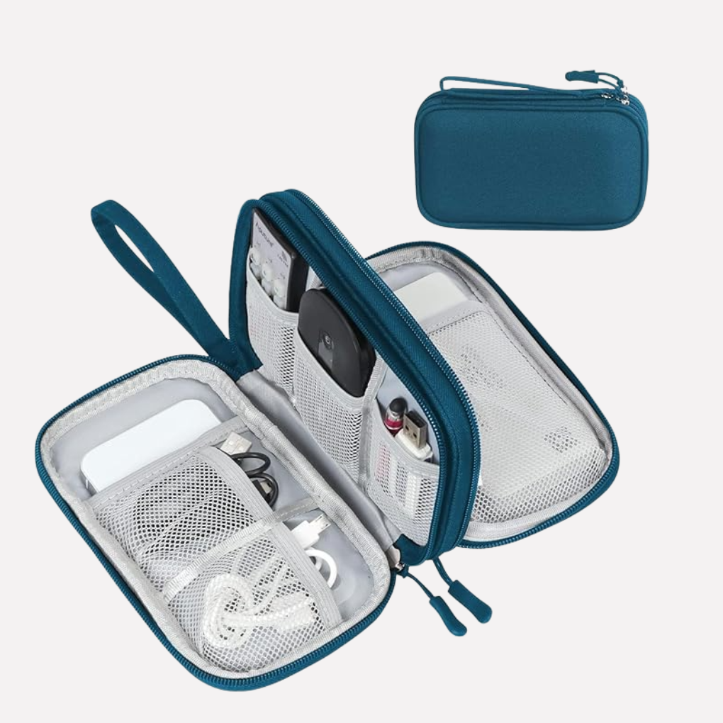 Compact travel accessory case for cables, power banks, and headphones.