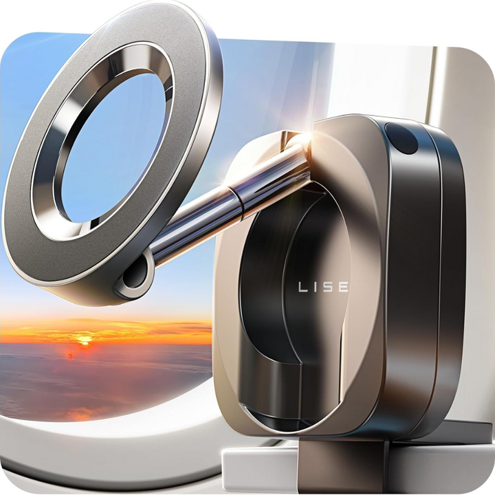 Compact black universal phone holder, adjustable for hands-free travel & desk use. Portable smartphone mount.