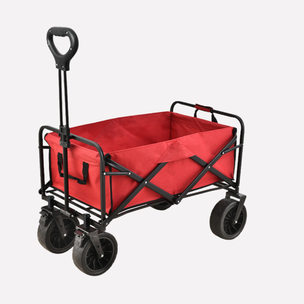 Portable cargo wagon transporting sports equipment like balls & chairs. Essential for games, events, and outdoor activities.