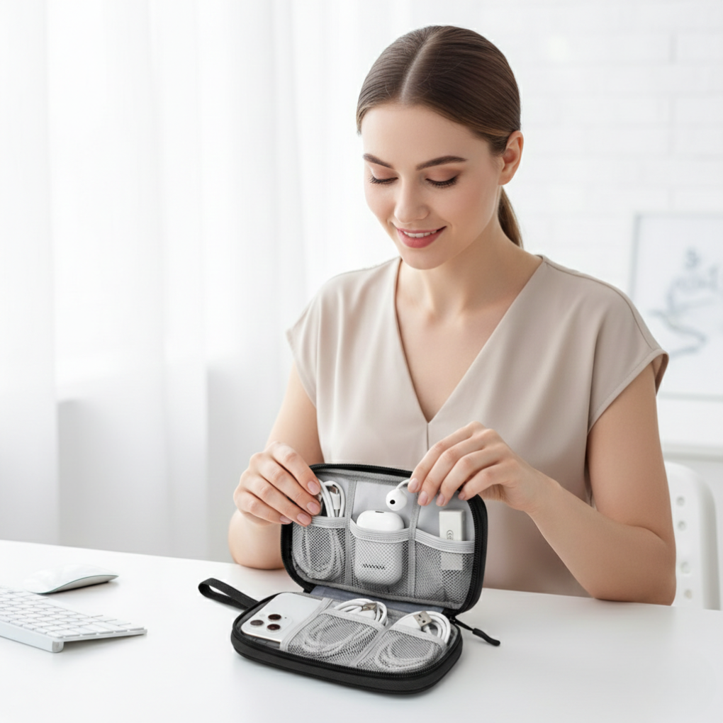 Compact digital organizer tech pouch for electronics and accessories storage.