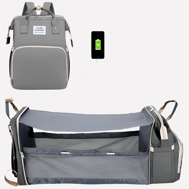 Unisex multi-functional diaper bag for organized parents with insulated pockets, changing pad, and USB charging. Travel ready.