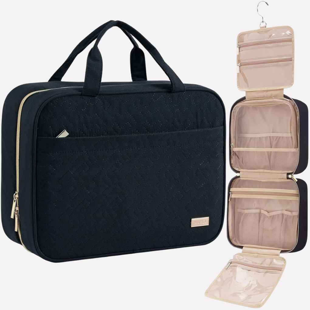 Black unisex travel toiletry bag, a versatile hanging organizer for travel essentials, gym, or grooming kit storage.