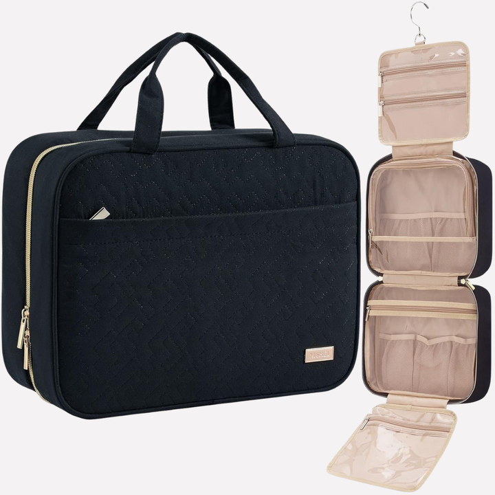 Black unisex travel toiletry bag, a versatile hanging organizer for travel essentials, gym, or grooming kit storage.