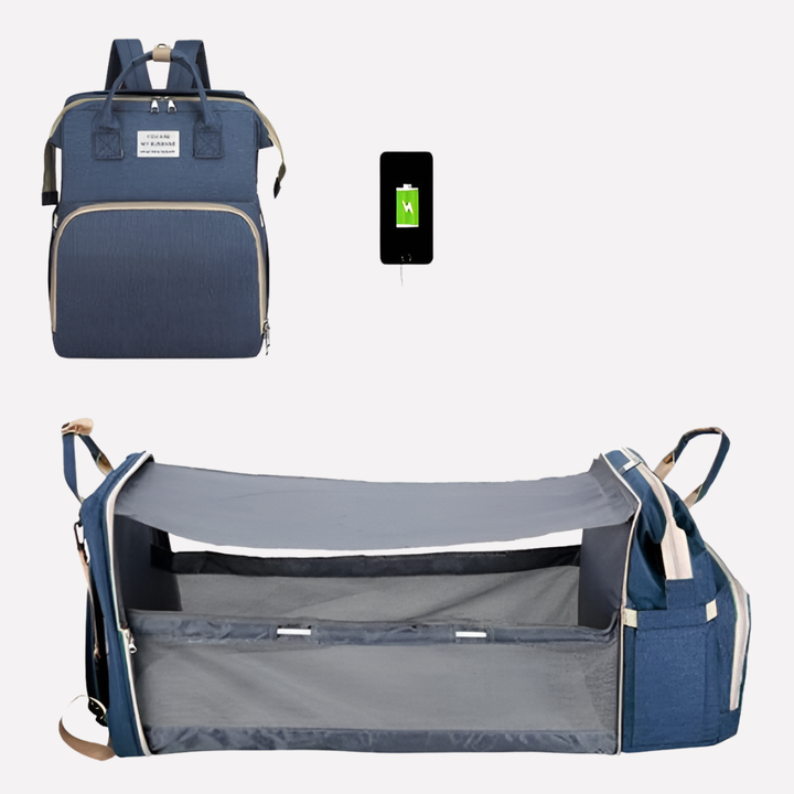 Gray all-in-one diaper bag. This parent organizer features insulated pockets, a changing pad, and ample storage for baby essentials.