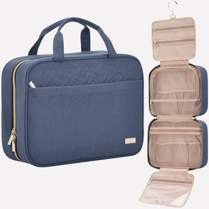 Portable black travel toiletry organizer bag, ideal for cosmetics, grooming kits & travel essentials. Unisex design.