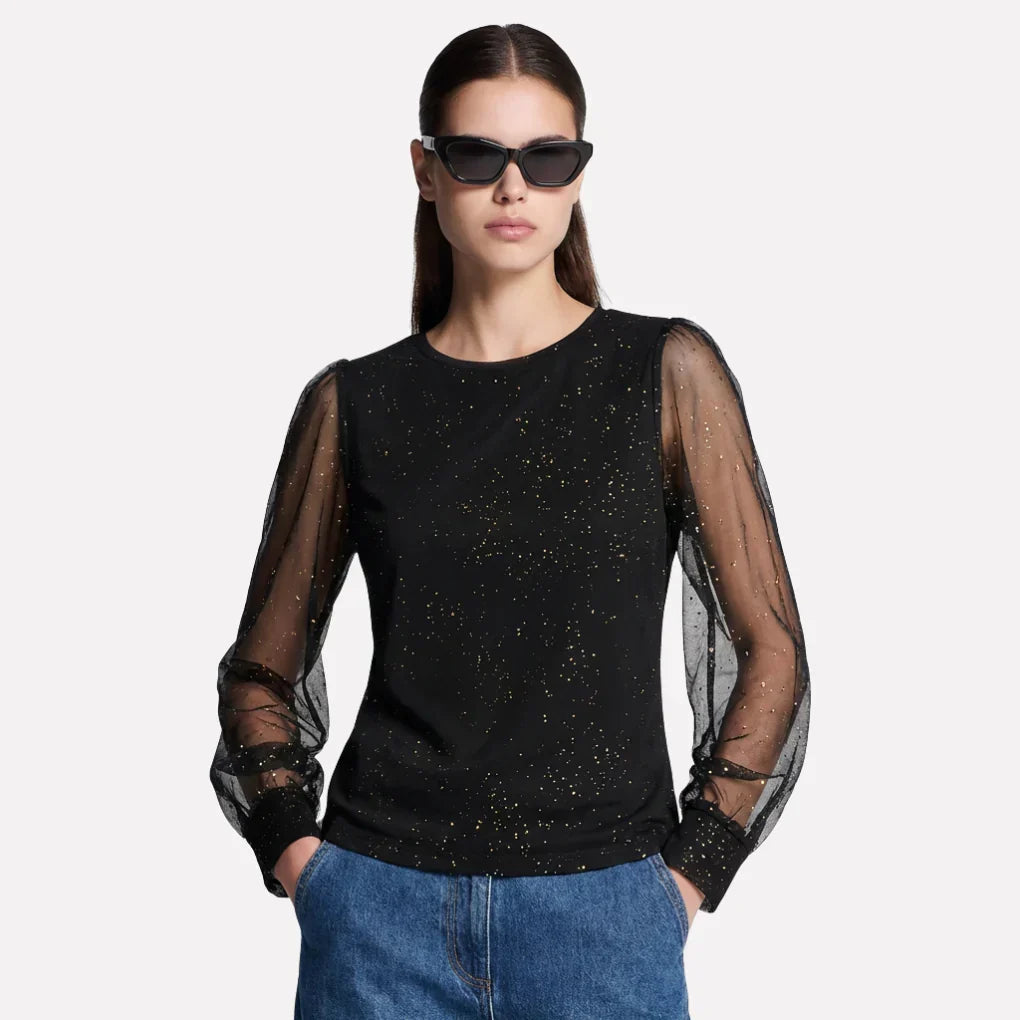 Women's elegant black lace blouse with long sleeves & button-up front. Perfect for office, evening, or casual chic.