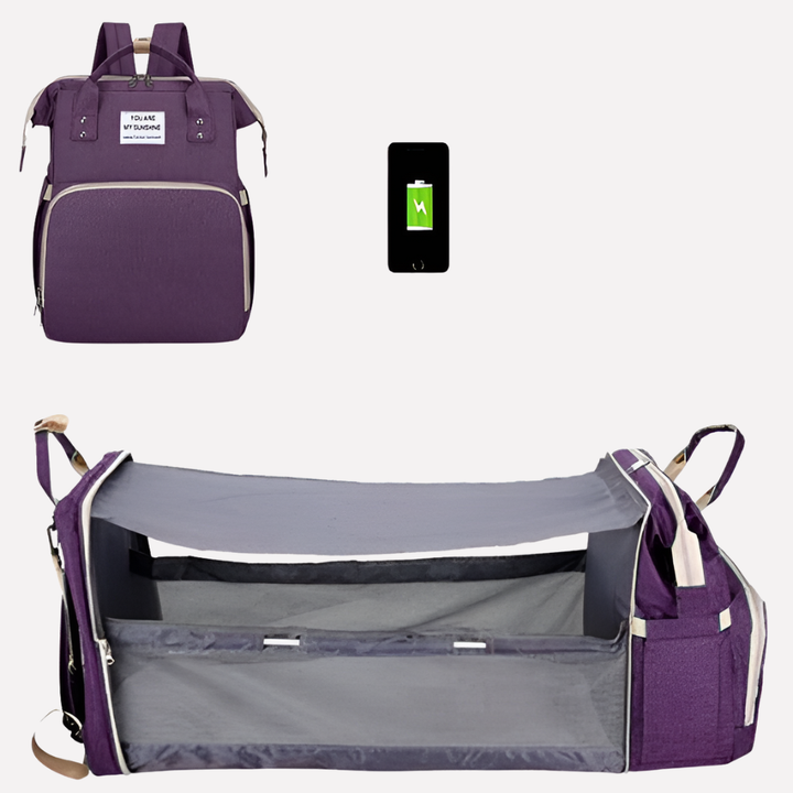Blue travel diaper bag, a new parent gift with USB charging, insulated pockets, and spacious compartments for baby gear.