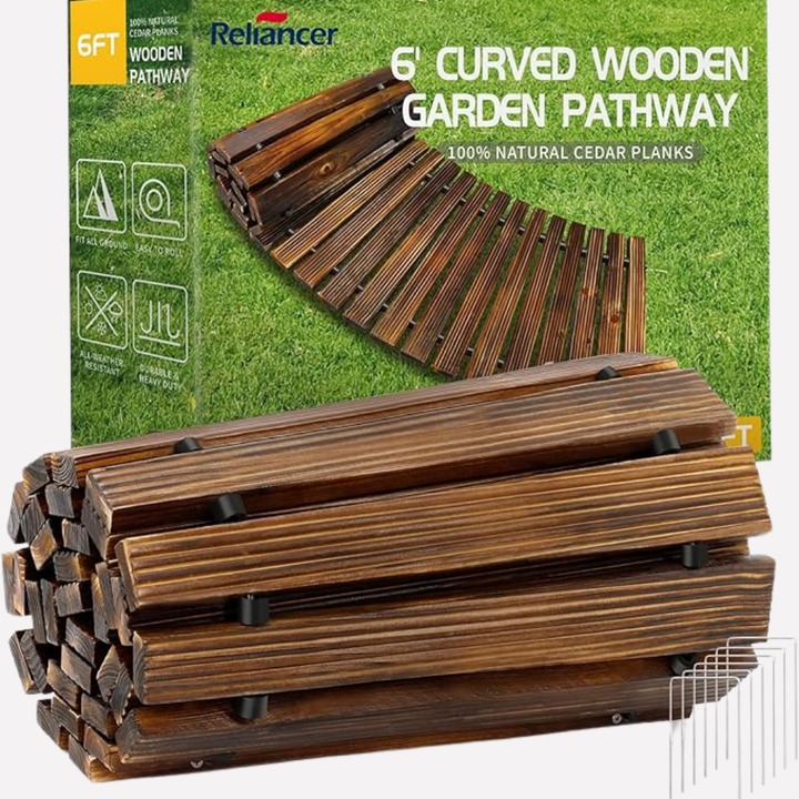 Decorative wooden roll-out path, enhancing garden decor and providing a practical outdoor walkway.