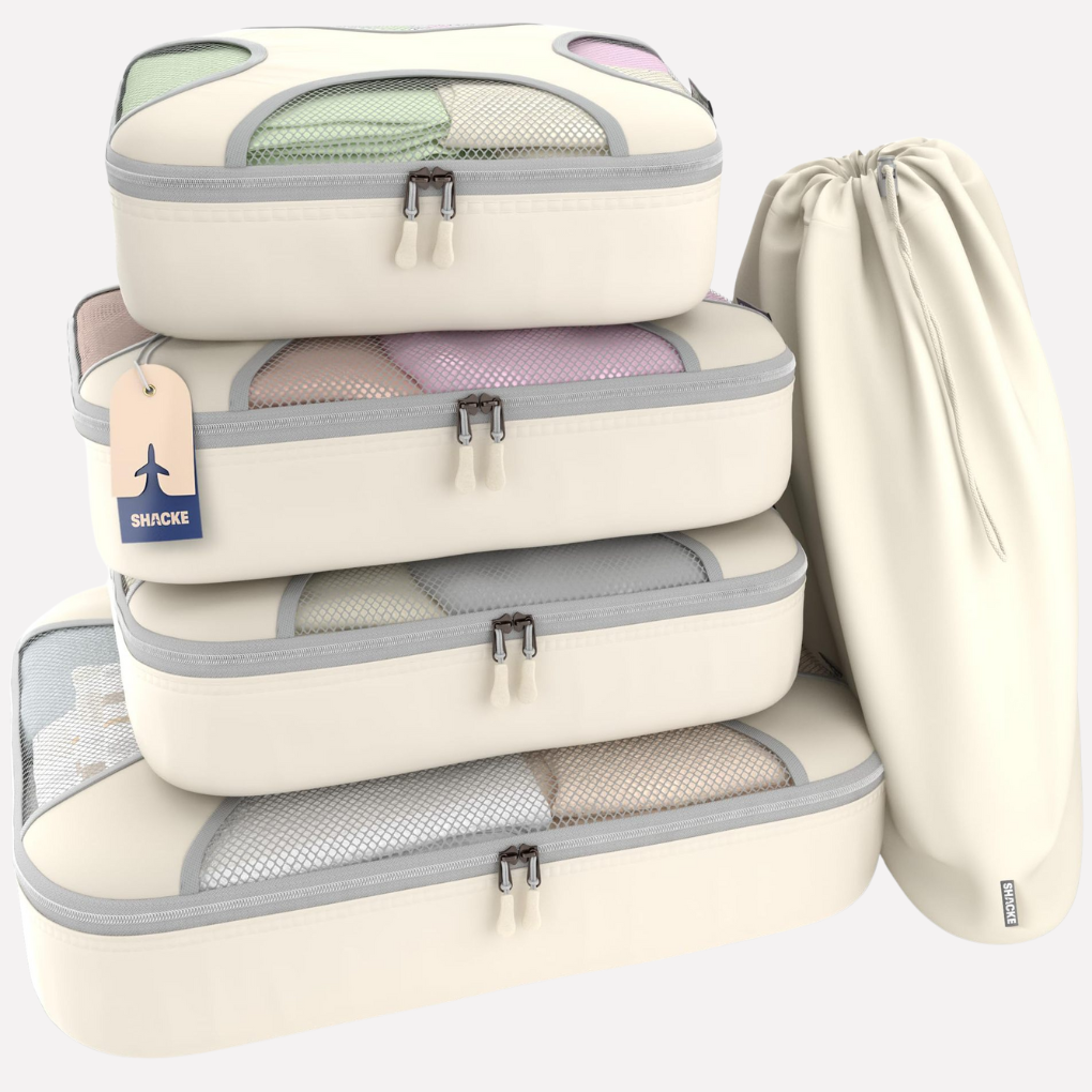 Unisex 5-piece sand travel packing cube set for luggage organization. Durable nylon organizers for an efficient trip.