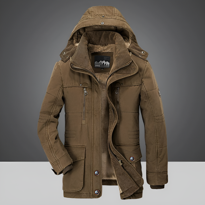Durable men's insulated winter coat, providing warmth & protection. Features an adjustable hood & reliable zipper.