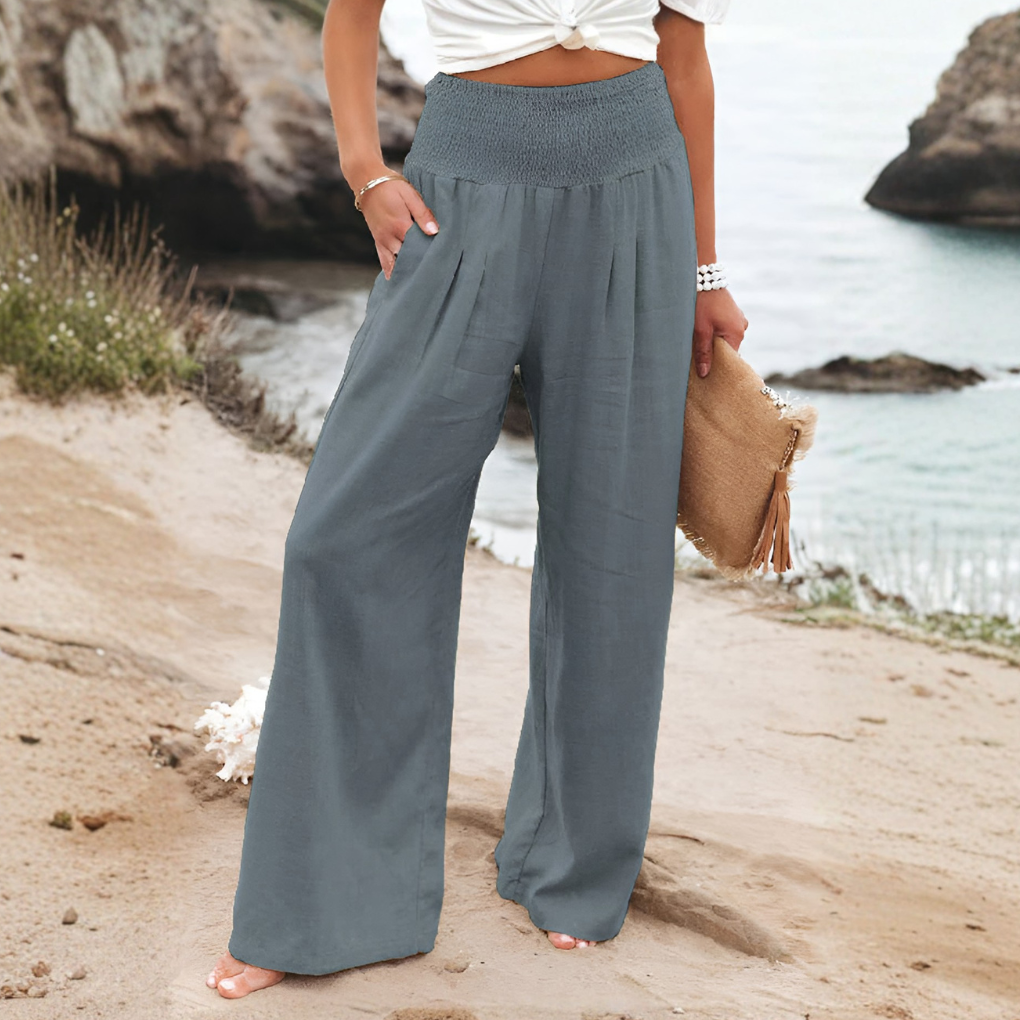 Chic high-waist flowy palazzo pants for women, offering relaxed fit and summer comfort.