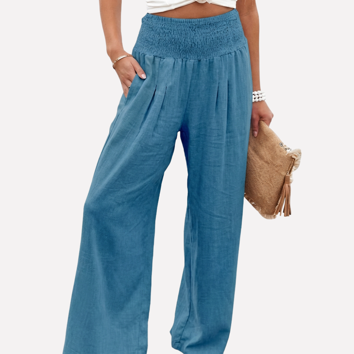 Flowy high-waist palazzo pants for women, wide-leg and comfortable, perfect for summer casual wear.